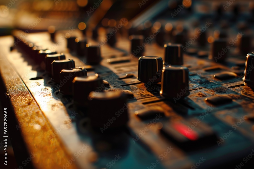 Poster a detailed close-up view of a sound board in a recording studio. ideal for music production and audi