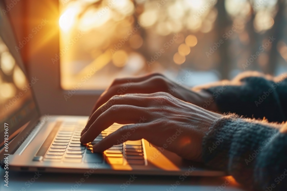 Poster A person is typing on a laptop computer. This image can be used to illustrate concepts related to technology, work, productivity, or online communication