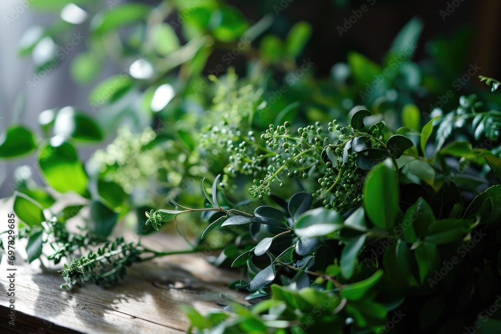 Poster a collection of green plants placed on a wooden table. perfect for adding a touch of nature to any s
