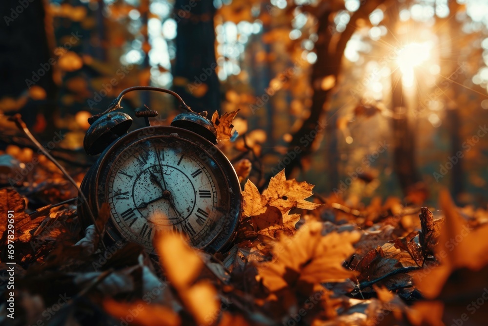 Poster An alarm clock sitting in the middle of a forest. Can be used to represent the concept of time management or waking up early in a serene natural environment
