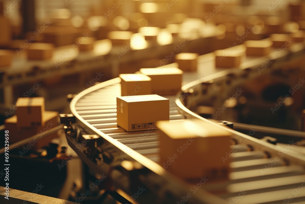 Poster A picture of a conveyor belt with boxes on it. This versatile image can be used to represent manufacturing, logistics, or warehouse operations.