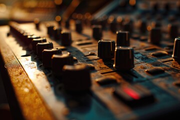 A detailed close-up view of a sound board in a recording studio. Ideal for music production and audio engineering projects - obrazy, fototapety, plakaty