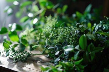 Obraz premium A collection of green plants placed on a wooden table. Perfect for adding a touch of nature to any space