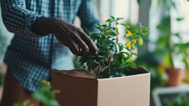 A man is holding a box with a plant. This image can be used to represent gardening, gift giving, or environmental conservation