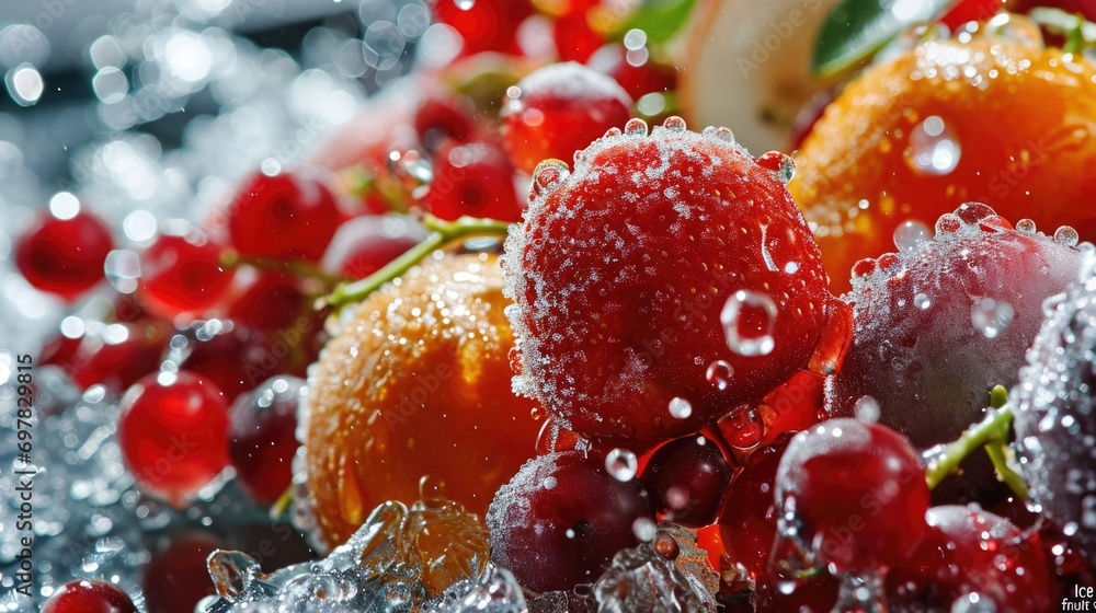 Poster a close-up view of a bunch of fruit immersed in water. this image can be used to represent freshness