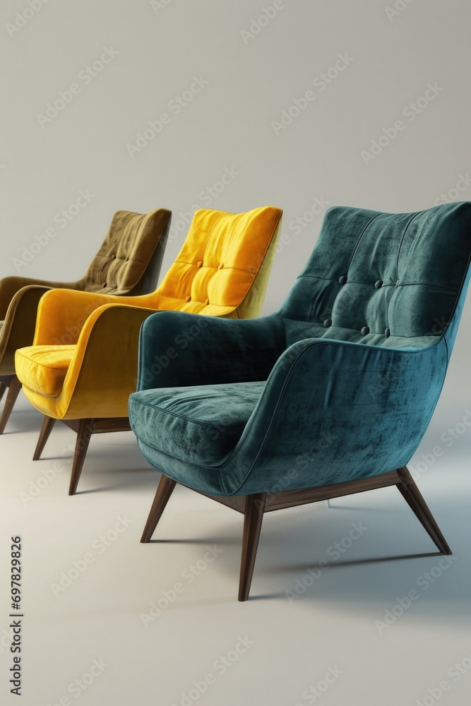 Poster A row of colorful chairs sitting next to each other. Perfect for adding a pop of color to any space