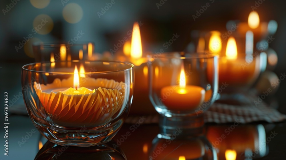 Poster Lit candles sitting on top of a table. Perfect for adding a warm and cozy atmosphere to any setting