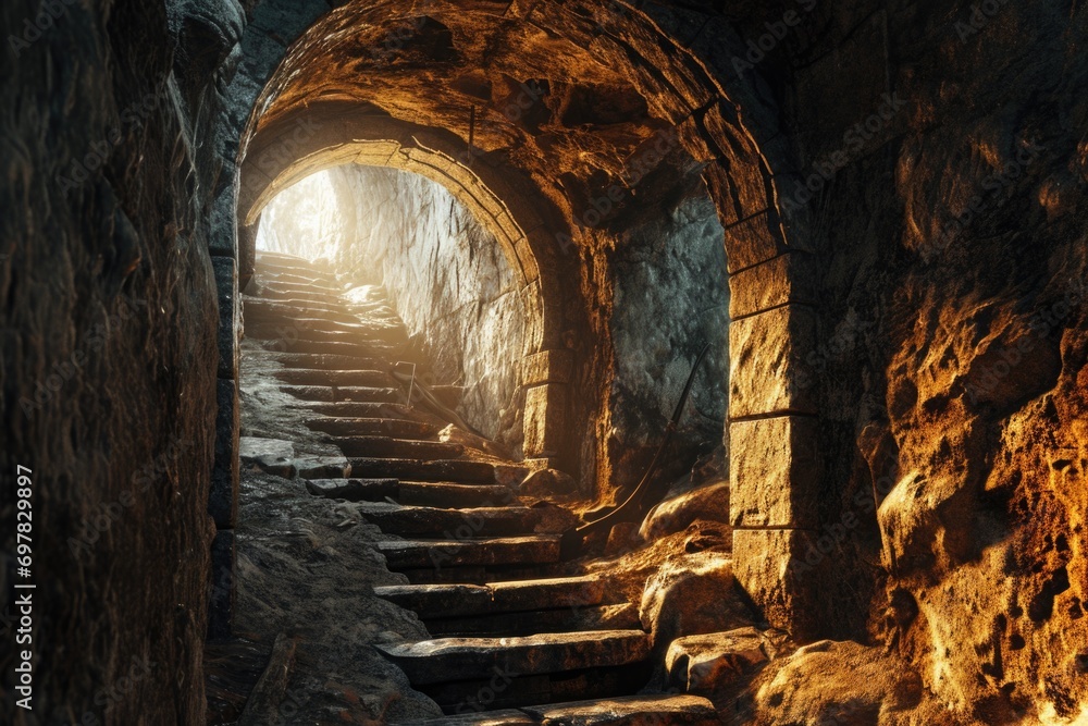 Poster A tunnel with stairs leading up to a bright light at the end. Suitable for concepts such as hope, progress, and overcoming challenges.