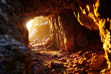 A cave with a visible light source at the end. This image can be used to represent hope, new beginnings, or a journey towards a brighter future