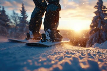 A person standing on a snowboard in the snow. Perfect for winter sports and outdoor adventure themes - obrazy, fototapety, plakaty