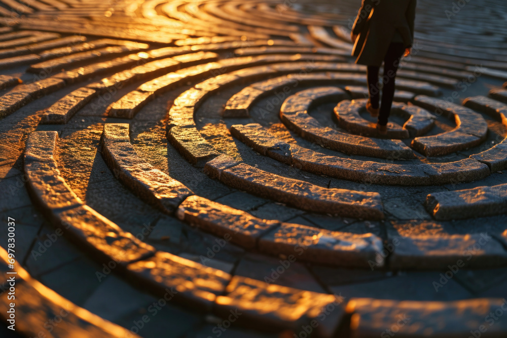 Poster A person standing in the middle of a circular maze. This image can be used to represent the concept of finding one's way or navigating through challenges