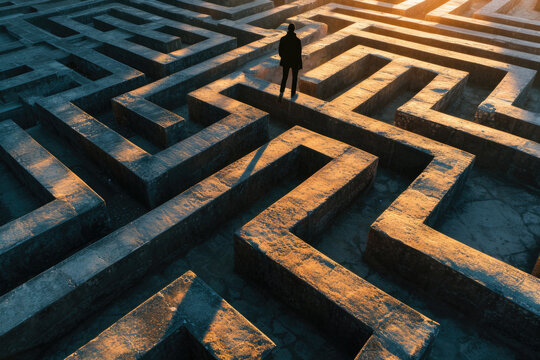 A person standing in front of a maze. Suitable for illustrating problem-solving, decision-making, and finding one's way