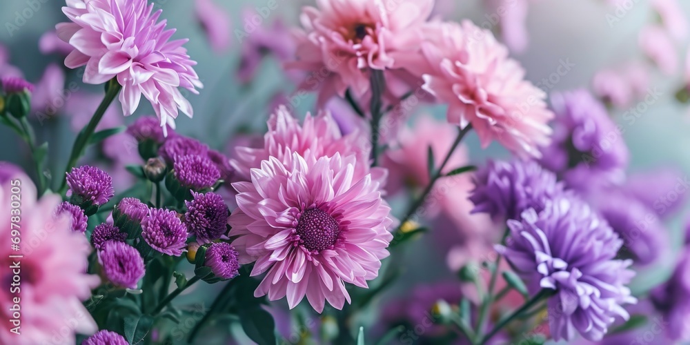 Poster a beautiful arrangement of purple and pink flowers in a vase. perfect for adding a touch of color an
