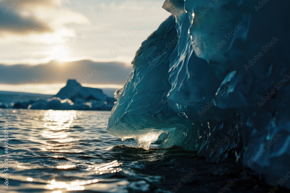 Poster a detailed view of an iceberg floating in the water. ideal for nature and climate change themes