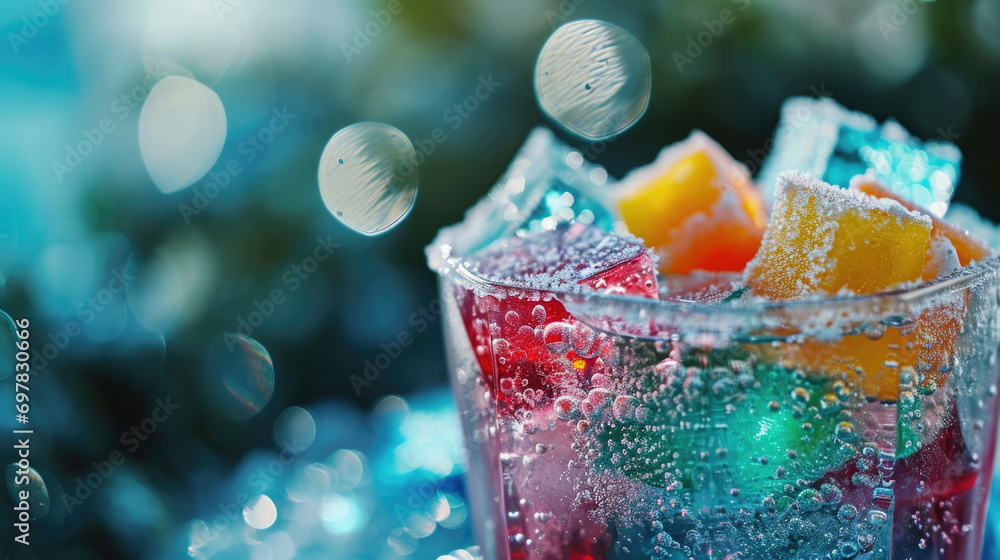 Poster A close-up view of a glass of water with colorful gummy bears floating inside. Perfect for adding a touch of sweetness to your creative projects