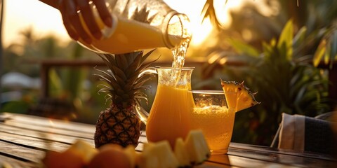 A person is pouring orange juice into a glass. This image can be used for various purposes - obrazy, fototapety, plakaty