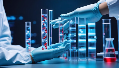 scientist holding medical testing tubes or vials of medical pharmaceutical research with blood cells and virus cure using DNA genome sequencing biotechnology created with generative ai - obrazy, fototapety, plakaty