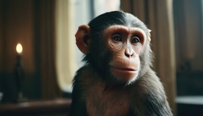  a monkey sitting in front of a window with a lit candle in it's hand and looking at the camera with a serious look on it's face. - obrazy, fototapety, plakaty