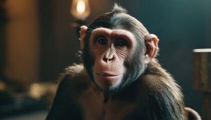  a close up of a monkey sitting on a chair with a light in the back ground and a lamp in the back ground behind it and a light in the background.