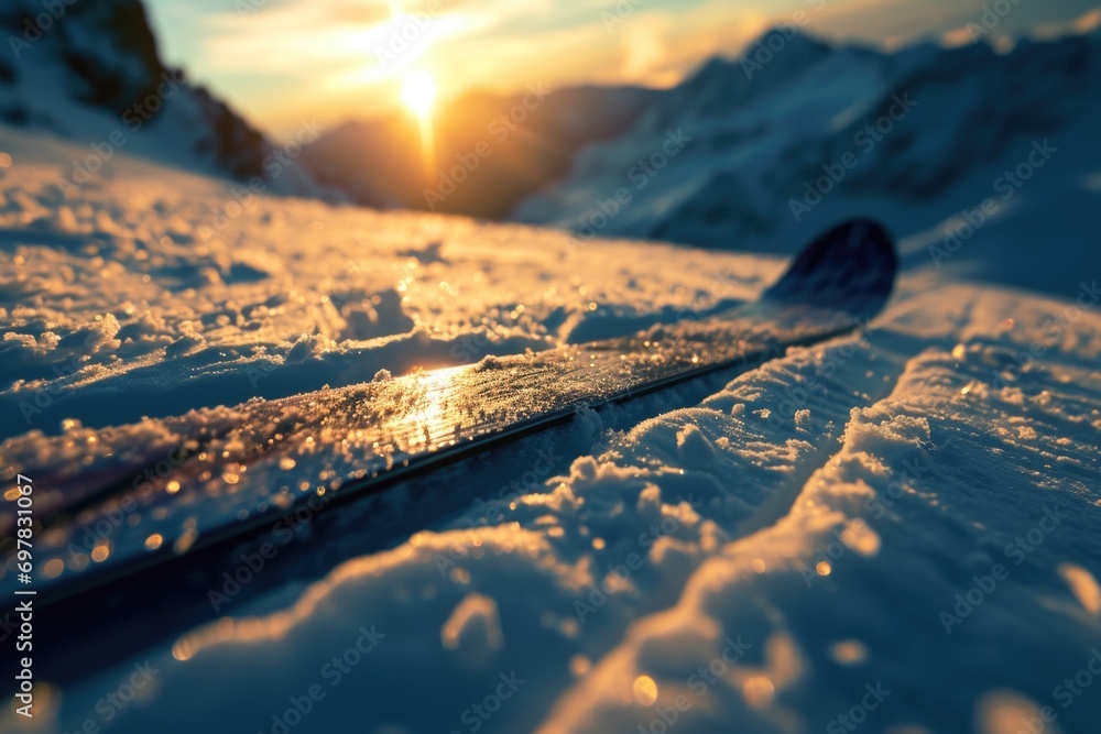 Sticker A pair of skis laying in the snow. Perfect for winter sports and outdoor activities