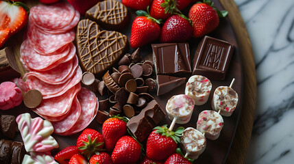 A charcuterie board for Valentine's Day is adorned with sweets, strawberries, chocolate, and...