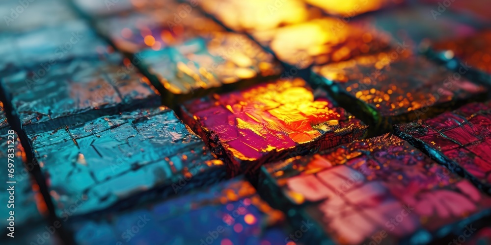 Poster a vibrant and detailed close up of a tiled surface. ideal for architectural and interior design proj