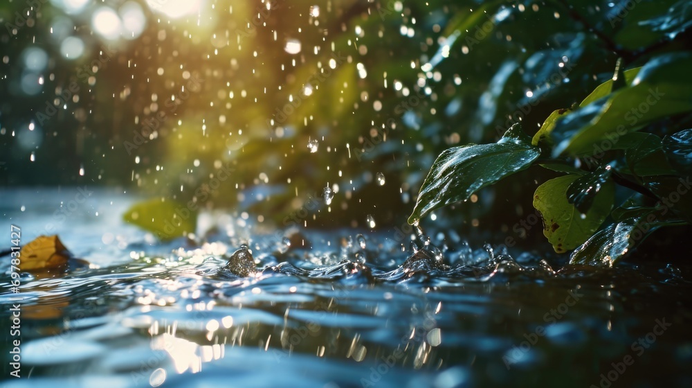 Poster A close up image of a leaf floating in the water. This picture can be used to depict tranquility and nature