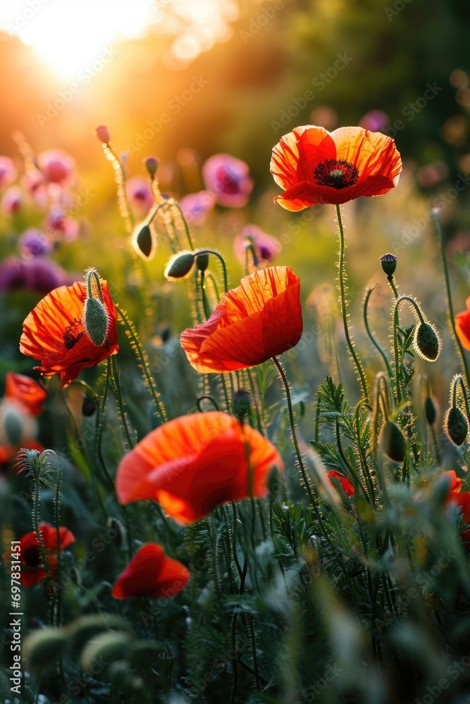 Aufkleber a beautiful field of red poppies with the sun setting in the background. ideal for nature and landsc