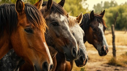 A group of horses standing next to each other. Suitable for various applications