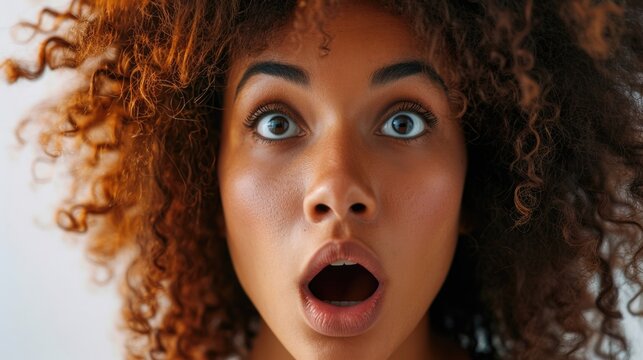 A woman with a surprised expression on her face. Can be used to depict shock, amazement, or disbelief.