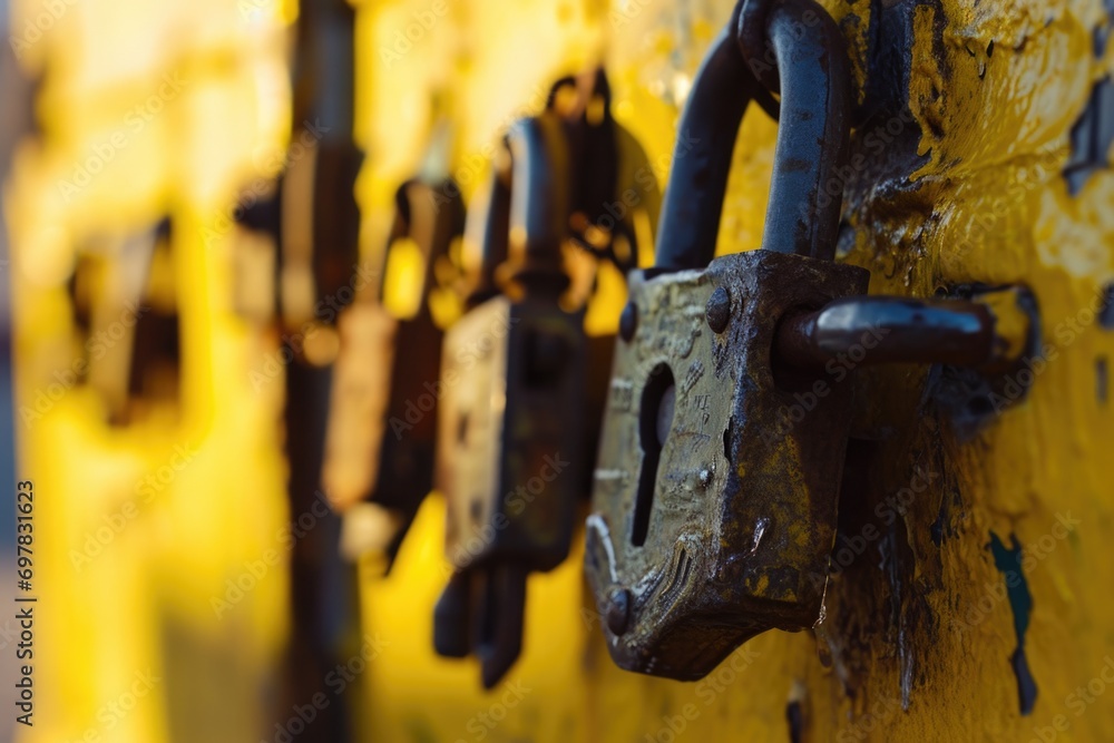 Aufkleber a detailed close up of multiple locks arranged on a vibrant yellow wall. suitable for concepts relat