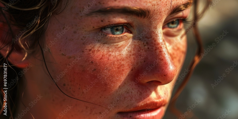 Poster Close up shot of a woman with freckles on her face. Versatile image suitable for various uses