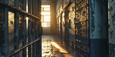 A jail cell with sunlight streaming through the window. Can be used to depict hope, freedom, or incarceration