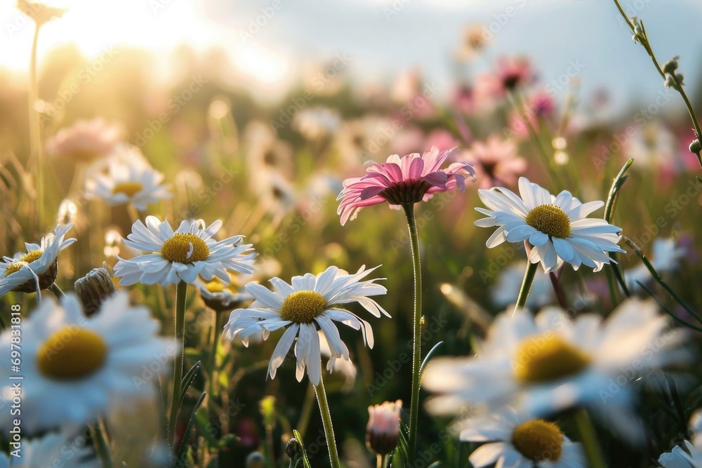 Poster a beautiful field filled with white and pink flowers. perfect for adding a touch of nature to any pr