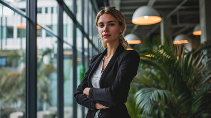 Portrait of a businessman's girlfriend in an office with large windows