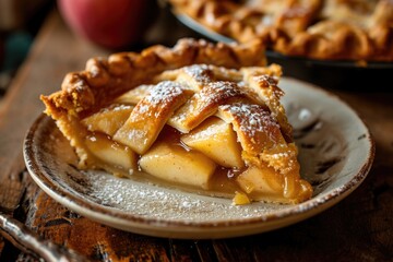 A delicious slice of apple pie on a plate. Perfect for food lovers and dessert enthusiasts
