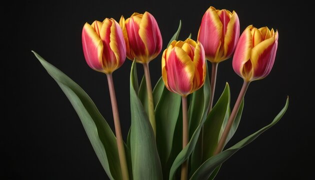  a bunch of pink and yellow tulips in a vase on a black background with a black back dropping in the middle of the picture and a black background.