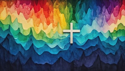  a painting of a cross in front of a multicolored mountain backdrop with a rainbow of clouds and a white cross on the top of the cross is in the center of the image.