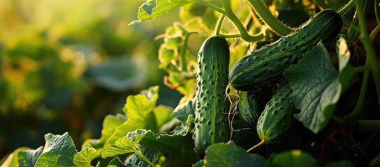 Ripe cucumbers on the bed panorama