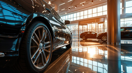 Panoramic view of a beautiful modern car showroom - obrazy, fototapety, plakaty