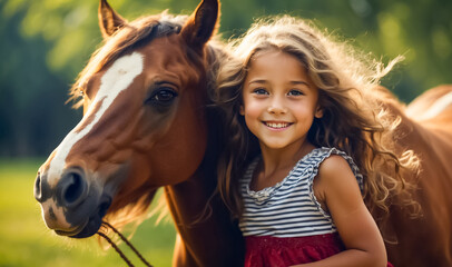 Portrait happy  a little girl with a horse in nature