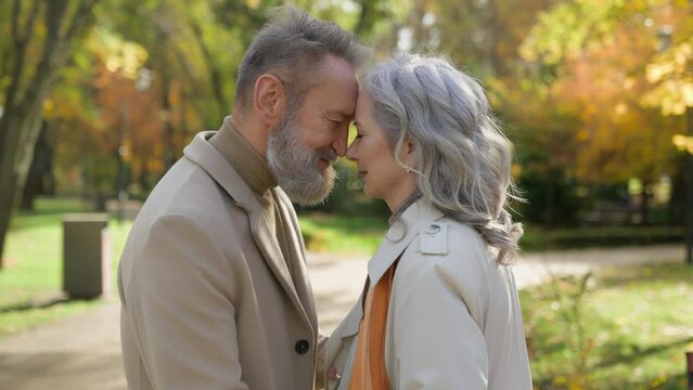 Love old couple hug cuddle together in park outdoors touch foreheads bonding relationships mature happy man woman grandparents in retirement gray-haired senior family husband and wife in nature autumn