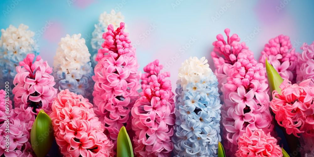 Wall mural Pink and purple hyacinths closeup, bright spring background, wallpaper