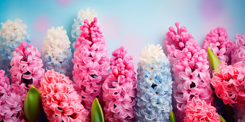 Pink and purple hyacinths closeup, bright spring background, wallpaper