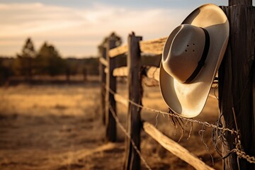 A Symbolic Embrace of the Frontier: A cowboy hat and lasso adorn a wooden fence, embodying the timeless essence of ranch life and the rugged spirit of the Wild West. - obrazy, fototapety, plakaty