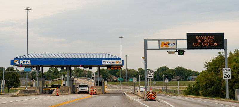 Lawrence, Kansas - Oct. 3, 2023: Kansas Turnpike I-70 toll plaza.