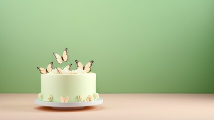 A beautifully decorated cake with floral and butterfly details. Perfect for wedding, birthday or special occasion promotions.