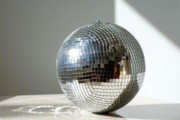 Silver Disco ball on light background with copy space. Can be used in presentations, articles, or websites related to music, parties, or events.