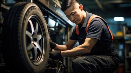 Fototapeta na wymiar Asian male tire changer In the process of checking the condition of new tires 