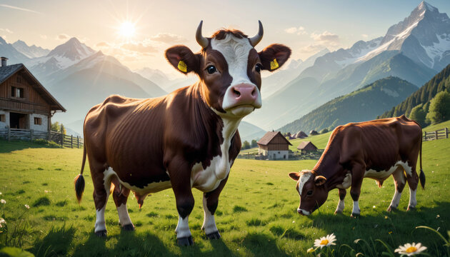 Two Cows Enjoying a Sunny Day in Mountain Pasture